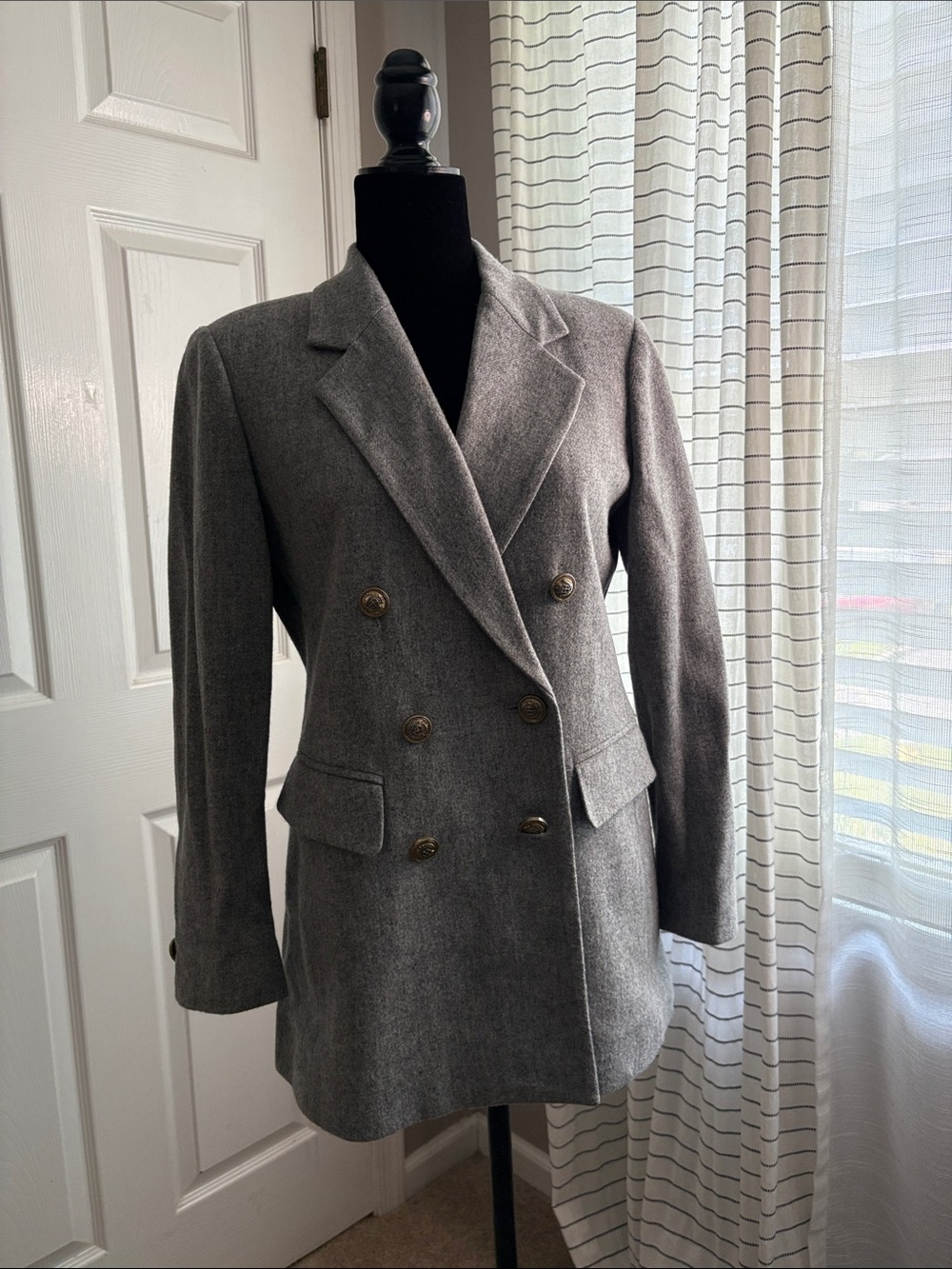 Double-Breasted Gray Women's Wool Blend Blazer Jacket